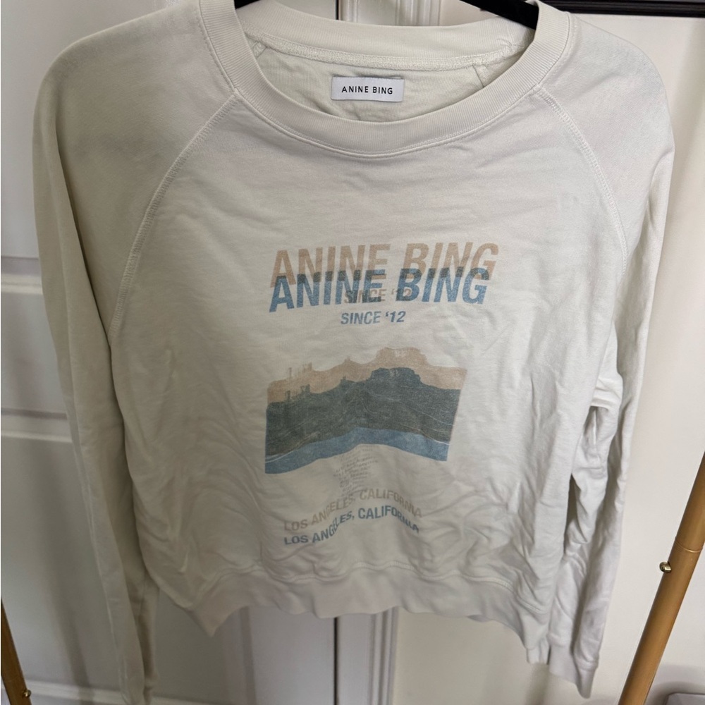 Anine Bing Cream Logo Crewneck with Blue and Tan Print